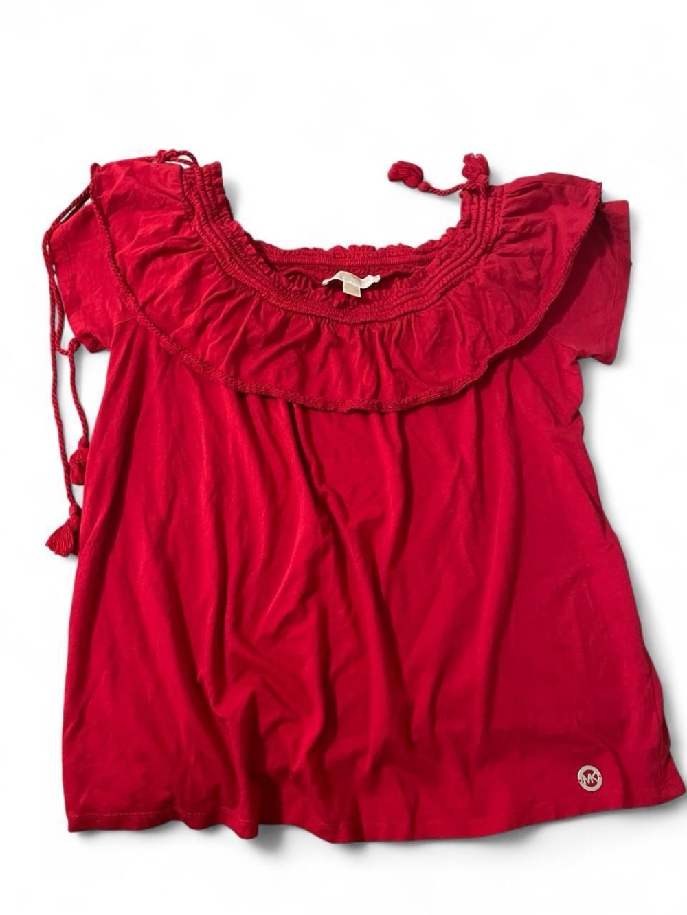 Michael Kors Red Off-Shoulder Ruffle Camisole with tie details on shoulder